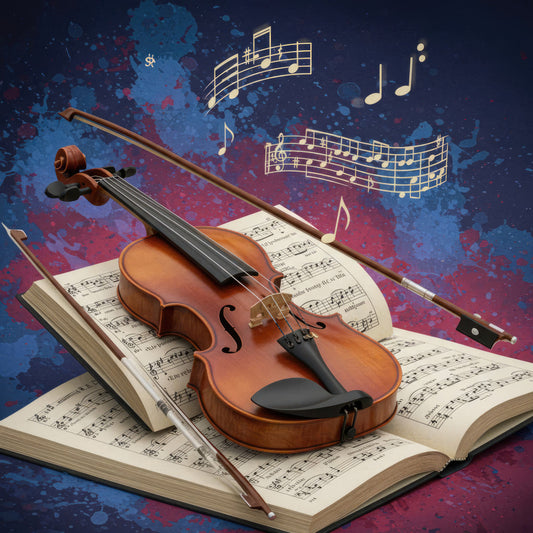 music, violin, classical music, sheet music, musical notes, orchestra, stringed instruments, artistic, elegant, sophisticated, navy blue, deep blue, burgundy red, wine red, gold accents, abstract background, watercolor effect, splatter design, music themed, performance, concert, musician, artistic style, traditional instruments, music education, decorative, home decor, wall art