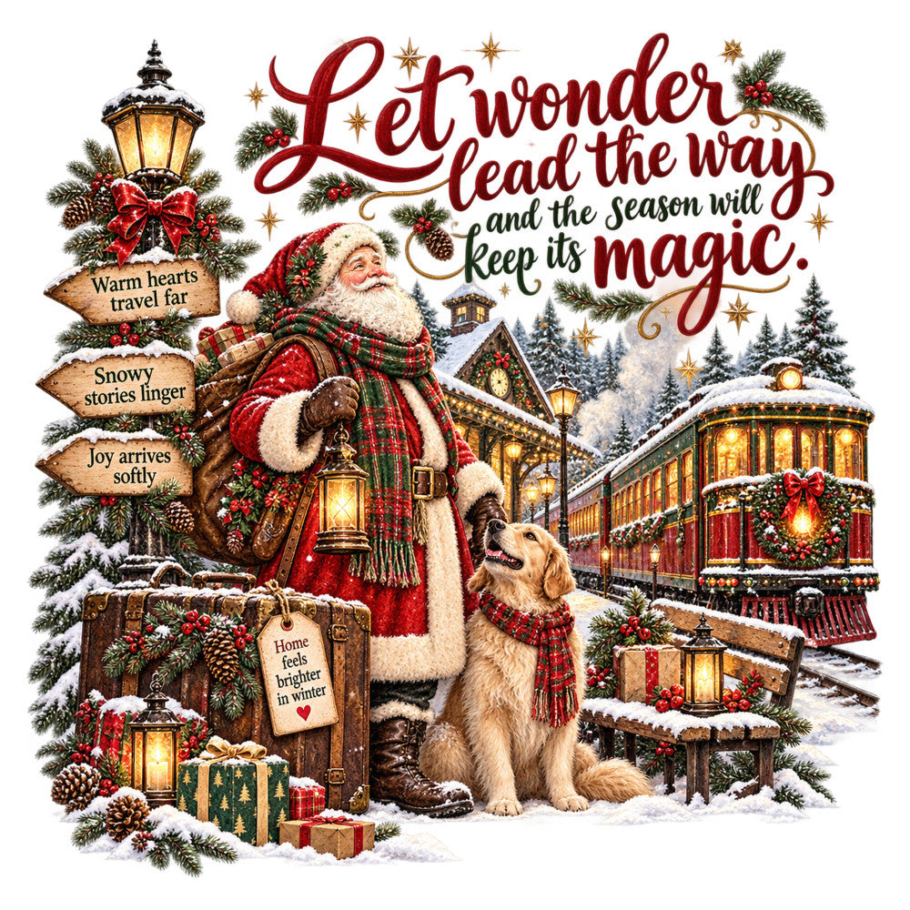 christmas, santa, holiday, winter, snow, red, cream, gold, forest green, burgundy, festive, vintage, whimsical, rustic, elegant, dog, golden retriever, train, lantern, pine trees, evergreen, presents, gifts, bell, stars, magical, nostalgic, traditional, cozy, seasonal