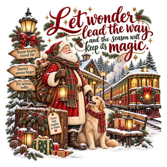 christmas, santa, holiday, winter, snow, red, cream, gold, forest green, burgundy, festive, vintage, whimsical, rustic, elegant, dog, golden retriever, train, lantern, pine trees, evergreen, presents, gifts, bell, stars, magical, nostalgic, traditional, cozy, seasonal