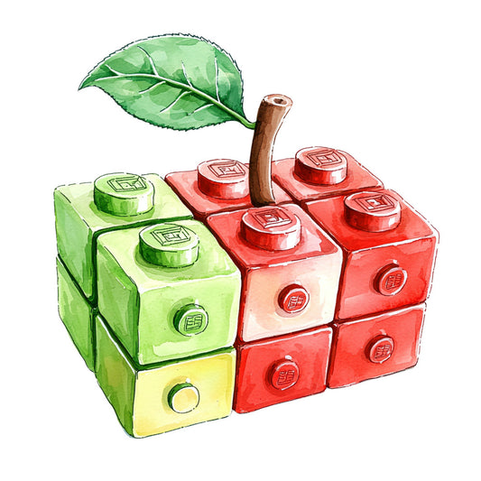watercolor illustration, building blocks, lego-style, red blocks, green blocks, yellow block, apple motif, brown stem, green leaf, children's theme, playful design, toy theme, fabric panel, quilting cotton, bright colors, whimsical art, kids room, nursery decor, geometric shapes, construction toys
