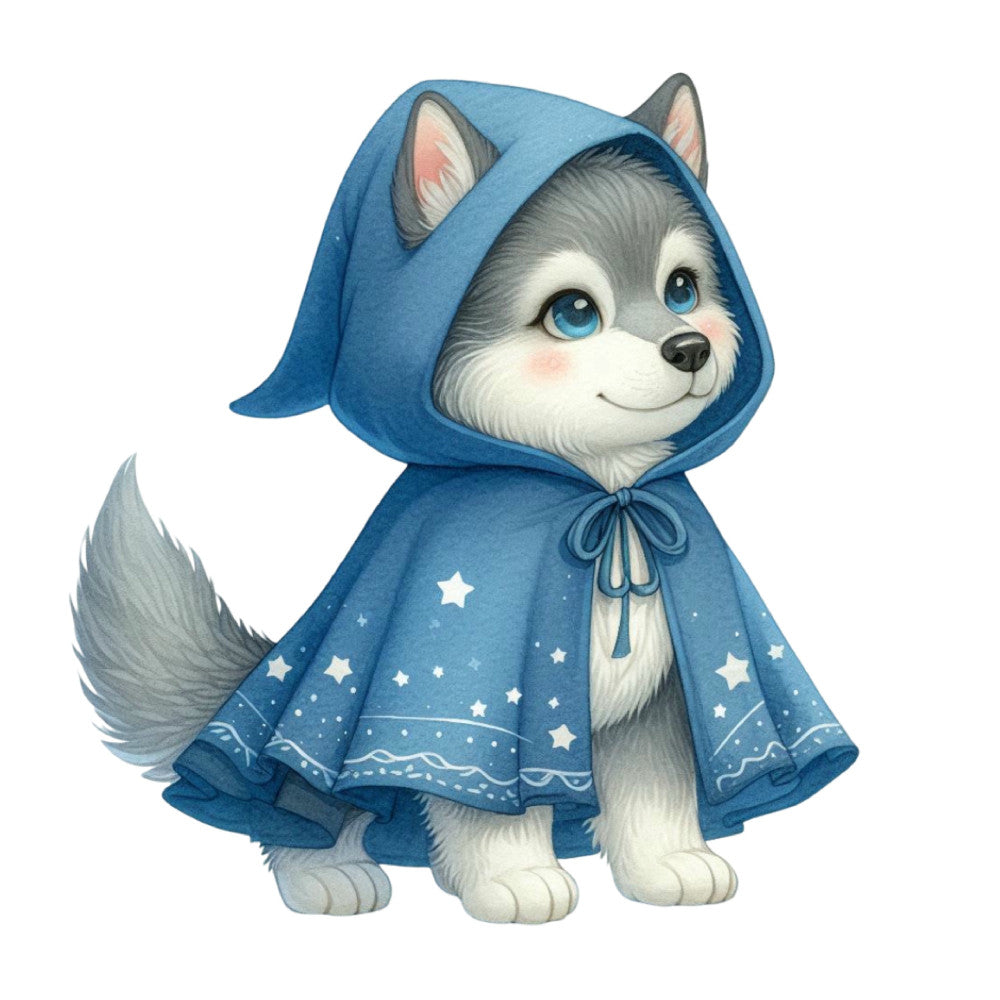 blue, navy blue, sky blue, white, gray, grey, stars, celestial, hooded cape, cute animals, puppy, dog, husky, wolf, whimsical, storybook, fairy tale, fantasy, children's, kids, baby, magical, nighttime, moon and stars, enchanted, sweet, adorable, animal characters, costume, little red riding hood