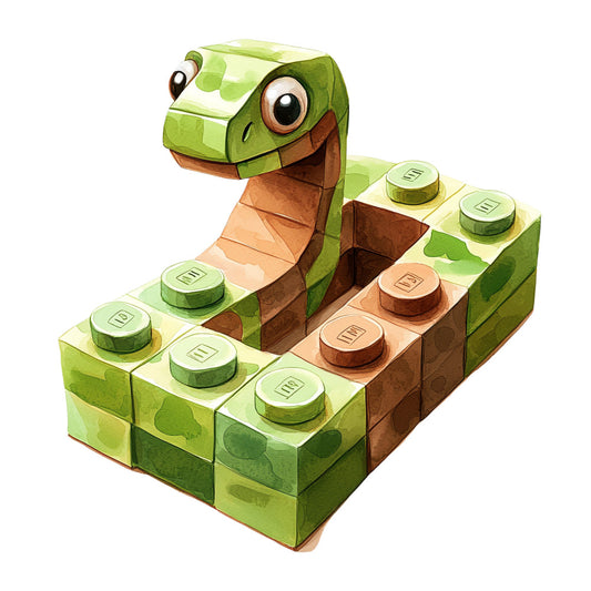 fabric panel, building blocks, dinosaur, brontosaurus, green, brown, tan, peach, cartoon style, children's design, playful, quilting cotton, toy blocks, prehistoric animal, craft panel, sewing project, kids fabric, whimsical illustration, geometric blocks, reptile character