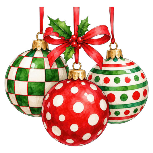 christmas ornaments, holiday, red, forest green, cream white, polka dots, stripes, checkered, plaid, geometric patterns, festive, traditional, whimsical, vintage, elegant, baubles, ornament motifs, holly leaves, red ribbon, gold accents, seasonal, winter, christmas decor, table runner, wall hanging, home décor, retro, classic christmas, decorative balls, patterned ornaments