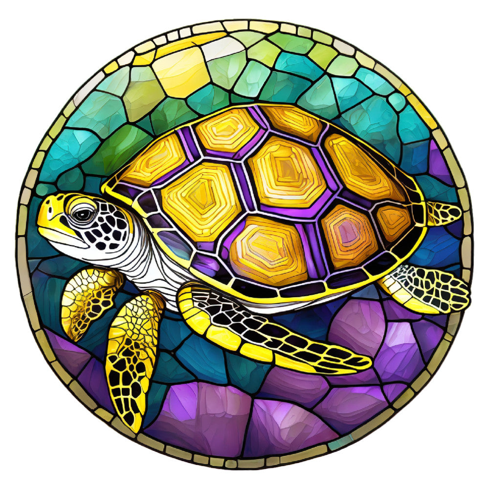 sea turtle, stained glass, yellow, purple, teal, turquoise, ocean blue, gold, colorful, geometric, nature, marine life, animals, whimsical, modern, tropical, underwater, sea creature, hexagon, glass art, decorative, art glass, vibrant, aquatic, summer, beach, wall hanging, art panel, ocean theme, jewel tones