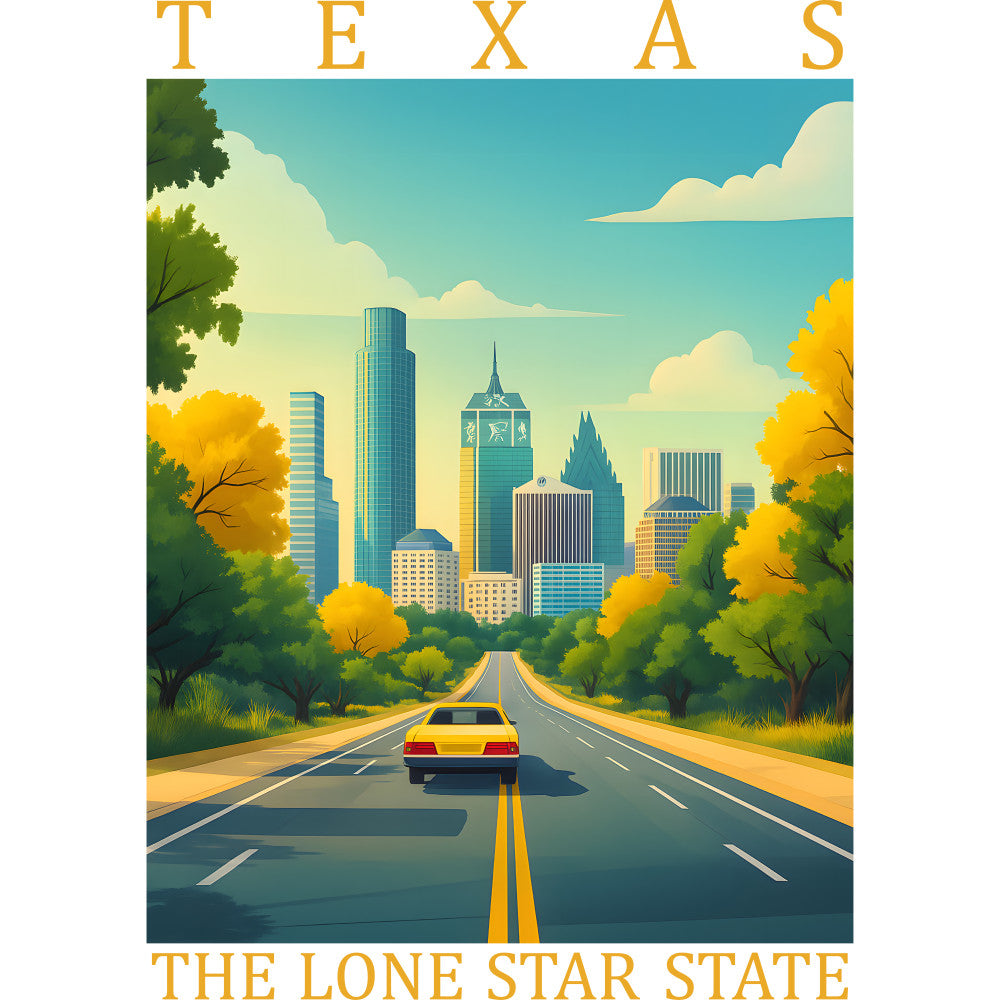 texas poster, fabric panel, turquoise blue, golden yellow, green trees, city skyline, road scene, car traveling, autumn foliage, cotton fabric, quilting panel, travel theme, state pride, vintage style, illustrated design, urban landscape, highway view, lone star state, scenic artwork, retro aesthetic