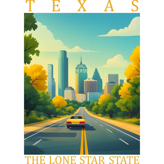 texas poster, fabric panel, turquoise blue, golden yellow, green trees, city skyline, road scene, car traveling, autumn foliage, cotton fabric, quilting panel, travel theme, state pride, vintage style, illustrated design, urban landscape, highway view, lone star state, scenic artwork, retro aesthetic