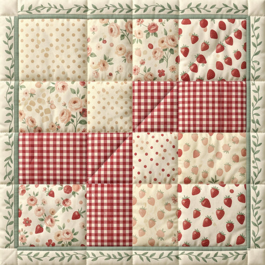 cream, red, burgundy, dusty rose, pale pink, sage green, polka dot, gingham check, floral, strawberry, rose, cottage core, farmhouse, vintage, patchwork, quilt square, spring, summer, traditional, rustic, elegant, nature, fruit, botanical, sweet, pastoral, homespun, heritage print, country style, classic design
