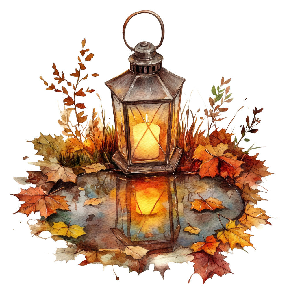autumn lantern, fall leaves, harvest, seasonal décor, nature-inspired, rustic, warm tones, burnt orange, golden yellow, deep brown, bronze, copper, maple leaves, dried grasses, botanical, cozy, fall foliage, evening light, candlelit, watercolor style, autumn aesthetic, thanksgiving, decorative, wall hanging, table runner, fall harvest, natural elements, warm colors, bronze metal, reflection