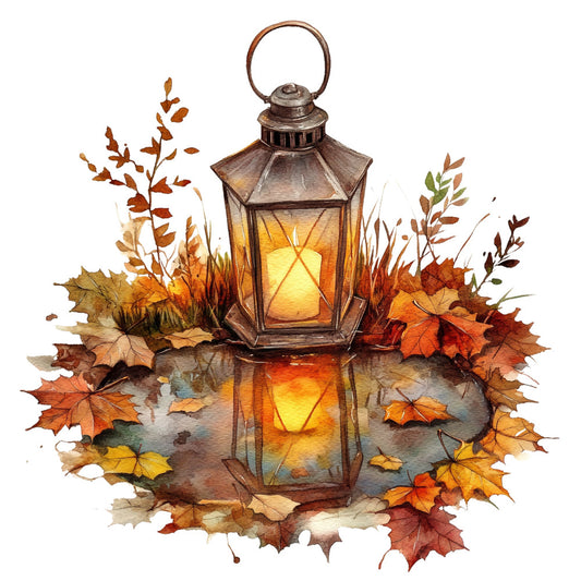 autumn lantern, fall leaves, harvest, seasonal décor, nature-inspired, rustic, warm tones, burnt orange, golden yellow, deep brown, bronze, copper, maple leaves, dried grasses, botanical, cozy, fall foliage, evening light, candlelit, watercolor style, autumn aesthetic, thanksgiving, decorative, wall hanging, table runner, fall harvest, natural elements, warm colors, bronze metal, reflection