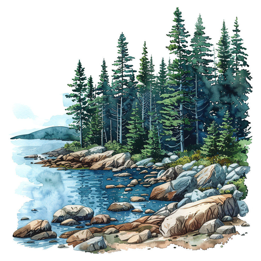 forest green, teal blue, cream, tan, brown, rocky shores, coniferous trees, evergreen forest, water landscape, scenic, nature, nautical, landscape, realistic, detailed illustration, traditional, rustic, peaceful, serene, lakeside, wilderness, pine trees, boulders, rocky coastline, water reflection, outdoor, scenic vista, nature lover, cabin style