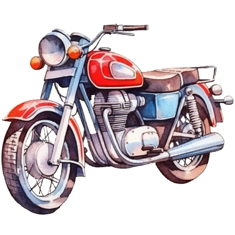 red motorcycle, vintage bike, watercolor style, chrome details, spoked wheels, leather seat, handlebars, headlight, exhaust pipes, fabric panel, quilting cotton, transportation theme, retro illustration, blue accents, brown leather, silver chrome, orange turn signals, mechanical details, nostalgic artwork, motor vehicle
