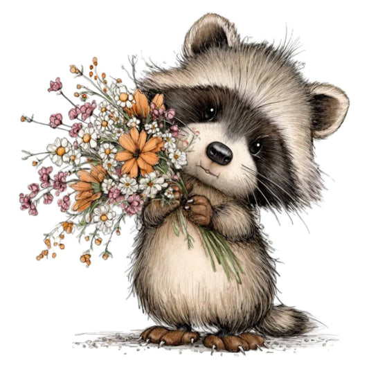raccoon, woodland animals, forest creatures, flowers, floral, daisy, cosmos, wildflowers, bouquet, cute animals, whimsical, charming, soft, pastel, cream, white, gray, orange, pink, mauve, spring, summer, nature, garden, animal portrait, illustrative, children's, baby, nursery, sweet