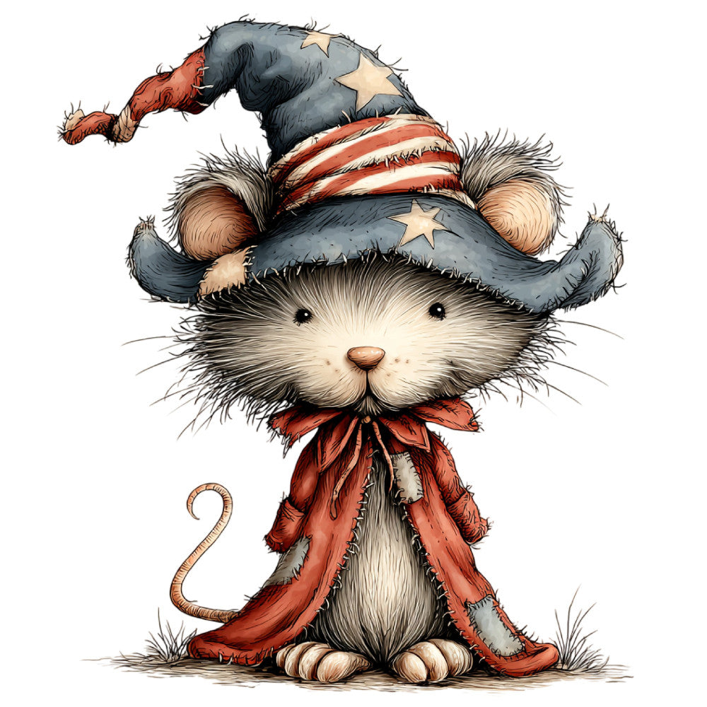 patriotic mouse, americana, stars and stripes, whimsical animals, holiday, christmas, red white and blue, navy blue, cream white, rust red, character fabric, cute mouse, festive, vintage style, striped, folk art, americana flag, decorative panel, children's fabric, seasonal, winter, patriotic theme, stars motif, ribbon bow, charming, storybook style, fantasy animals, dimensional fabric, textured look
