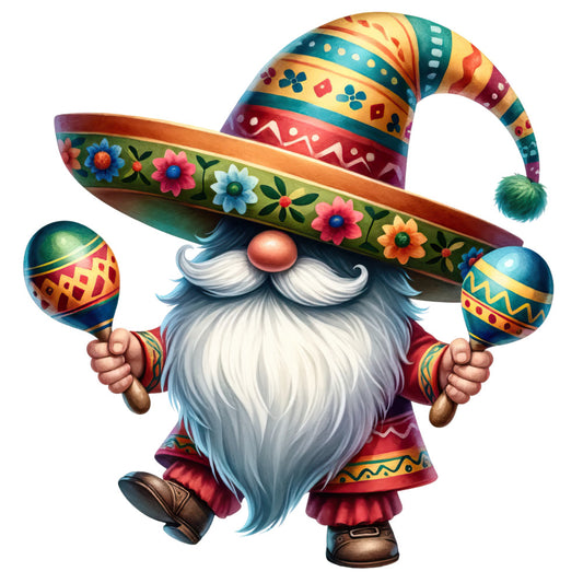 mexican gnome, colorful sombrero, maracas, white beard, floral patterns, vibrant colors, turquoise, orange, red, yellow, purple, folk art style, festive character, decorative flowers, zigzag patterns, fabric panel, quilting cotton, whimsical design, cultural theme, celebration motif