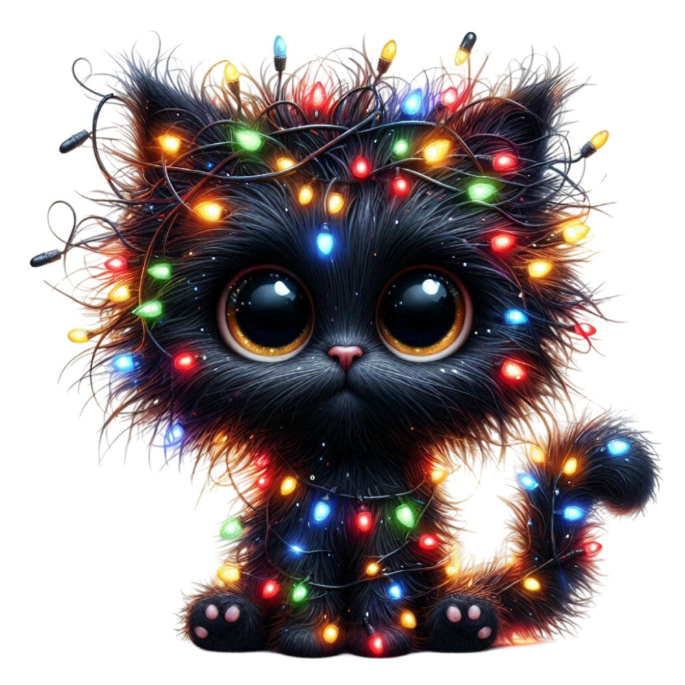 black cat, colorful lights, christmas lights, holiday, festive, whimsical, cute animals, big eyes, multicolor, warm lights, string lights, gold, red, blue, green, yellow, winter, christmas, magical, enchanted, playful, fun, decorative, modern, bright, illuminated, pet lover, cat lover, novelty, children's