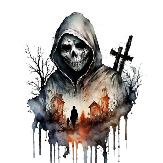 grim reaper, skull, dark gothic, horror, haunted houses, spooky, halloween, charcoal gray, black, deep blue, burnt orange, red, watercolor style, abstract drips, death imagery, skeleton, hooded figure, crosses, bare trees, moody, eerie, dark aesthetic, gothic theme, autumn, horror decor, dramatic, creepy, supernatural, wall hanging, dark art