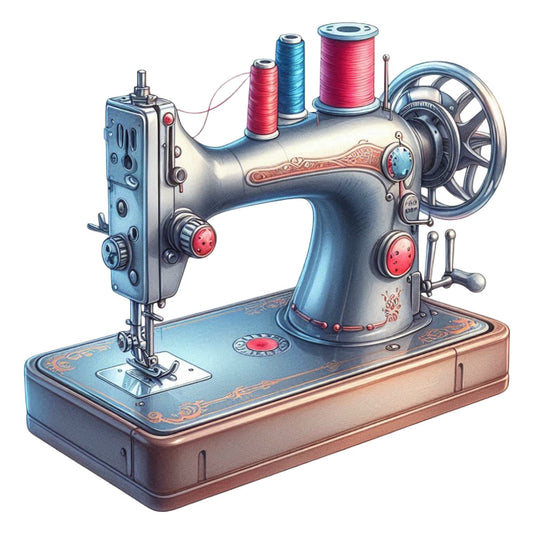 vintage sewing machine, retro, antique, nostalgia, steampunk, industrial, blue, red, rose pink, coral, metallic gold, decorative ornaments, thread spools, mechanical, crafts, sewing theme, hobby, retro aesthetic, elegant, classic, traditional, victorian, whimsical, fabric panel, home decor, crafting, needlework, embellished, ornamental details