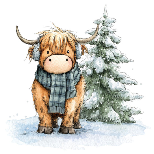 Vintage Christmas Highland Cows Fabric Panel 23