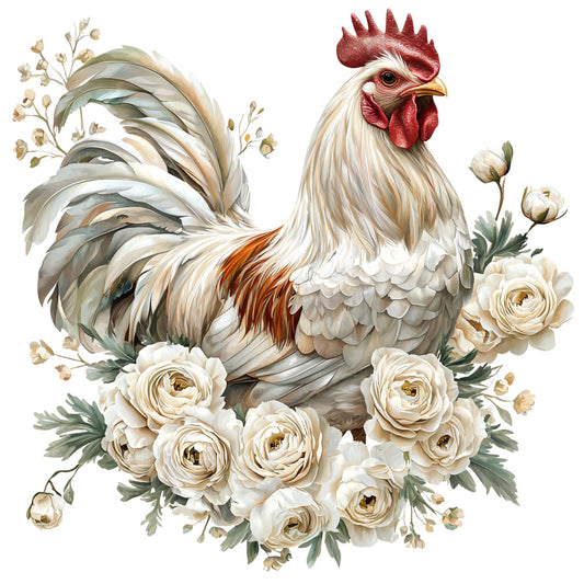 floral rooster, cream roses, white flowers, sage green foliage, red comb, neutral tones, watercolor style, fabric panel, quilting cotton, farmhouse theme, botanical elements, rustic charm, soft pastels, layered petals, feathered tail, country living, pastoral scene, vintage inspired, cotton fabric, decorative panel