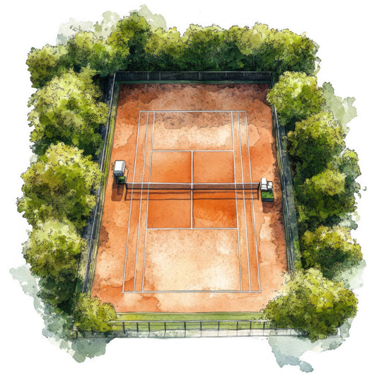tennis court, clay court, sports, orange clay, terracotta, sage green, forest green, lime green, nature, outdoor recreation, athletic, geometric, lined court, landscape, aerial view, summer, springtime, sports themed, recreational, modern, structured design, botanical, trees, foliage, natural border, sports fan, athletic decor, terracotta orange, muted green