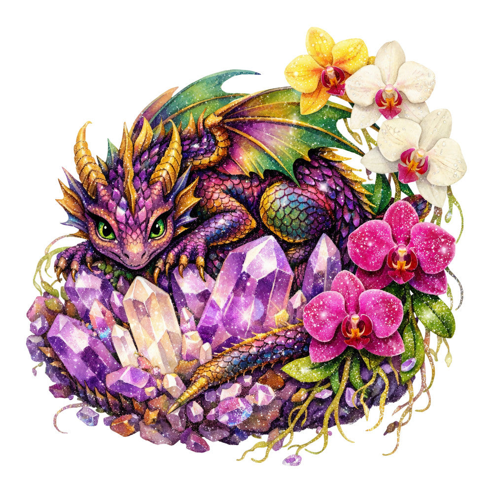 purple dragon, fantasy creature, orchid flowers, amethyst crystals, jewel tones, magenta pink, golden yellow, emerald green, whimsical, magical, dragon and flowers, nature fantasy, iridescent scales, mystical, celestial theme, botanical, tropical flowers, decorative panel, wall hanging, fantasy art, colorful creature, sparkly embellished, ornate design, bohemian style, enchanted garden, detailed illustration, artistic, imaginative, springtime florals