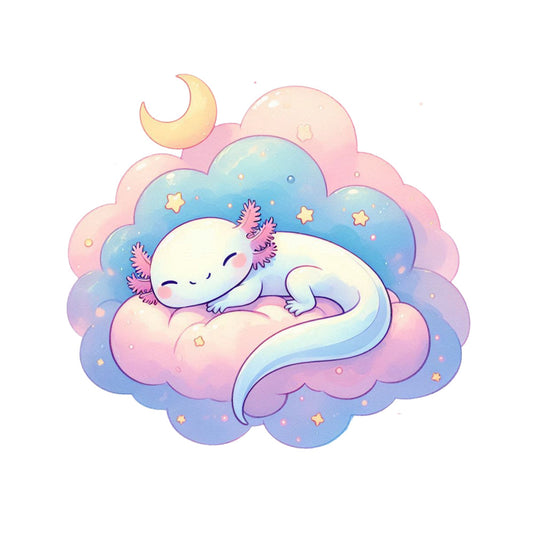 cute axolotl, cartoon animal, pastel colors, pink clouds, blue gradient, yellow crescent moon, sleeping creature, kawaii style, whimsical design, starry night, soft pastels, dreamy atmosphere, fabric panel, quilting cotton, nursery theme, fantasy art, celestial elements, peaceful scene, baby animal, adorable character
