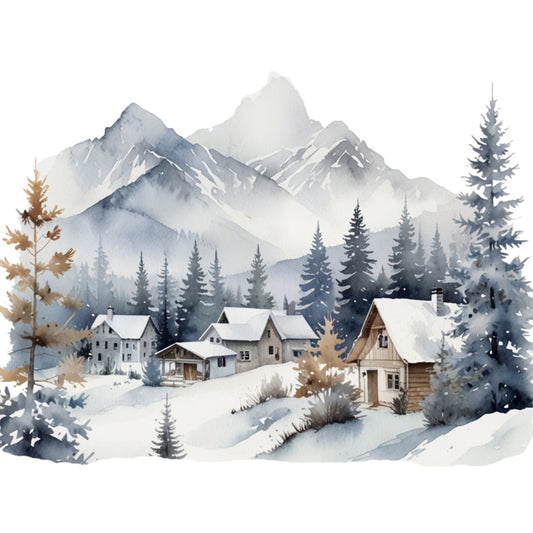 watercolor style, winter scene, snow-covered mountains, alpine village, evergreen trees, wooden cabins, ski lodge, blue-gray tones, white snow, brown accents, misty atmosphere, fabric panel, quilting cotton, mountain landscape, winter sports, cozy cottages, pine forest, scenic vista, peaceful setting, rustic architecture