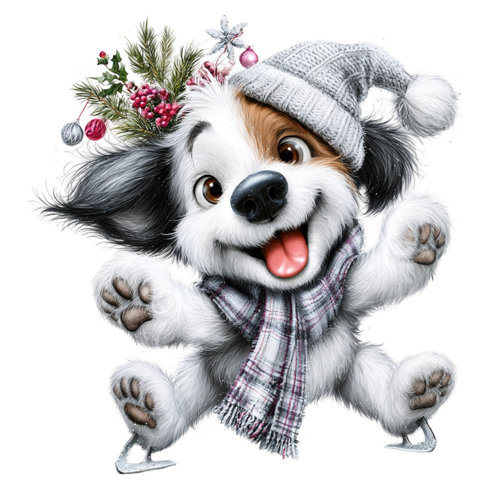 white dog, black and white, gray beanie, plaid scarf, winter holiday, christmas, festive, animals, puppies, dog portrait, whimsical, cute, playful, joy, cheerful, winter florals, red berries, greenery, decorative ornaments, cozy, family friendly, children's, sweet, charming, seasonal, winter wonderland, holiday spirit, woodland, nature elements