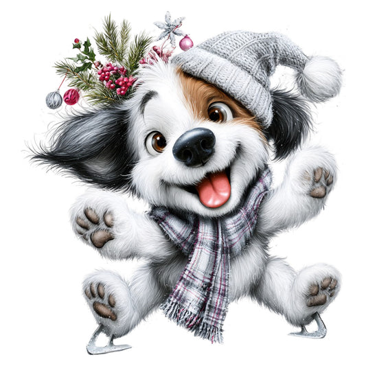 white dog, black and white, gray beanie, plaid scarf, winter holiday, christmas, festive, animals, puppies, dog portrait, whimsical, cute, playful, joy, cheerful, winter florals, red berries, greenery, decorative ornaments, cozy, family friendly, children's, sweet, charming, seasonal, winter wonderland, holiday spirit, woodland, nature elements