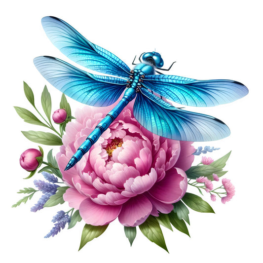 turquoise dragonfly, pink peony, blue dragonfly, floral, nature, botanical, insects, dragonfly, flowers, elegant, whimsical, spring, summer, garden, romantic, soft pink, sky blue, teal blue, lavender, green leaves, layered petals, delicate, graceful, animal motifs, wall hanging, decorative panel, vibrant colors, detailed illustration, cottage core, nature lover