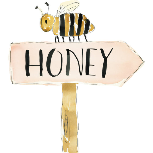 honey bee, bee motif, golden yellow, black and white, striped pattern, whimsical style, rustic sign, farmhouse theme, nature inspired, garden theme, spring, summer, woodland animals, insects, directional sign, wooden post, cottage core, bumblebee, yellow and black stripes, folk art, hand drawn, charming, country style, pollinator theme, beekeeping, garden signs, pastoral, sweet theme, natural tones