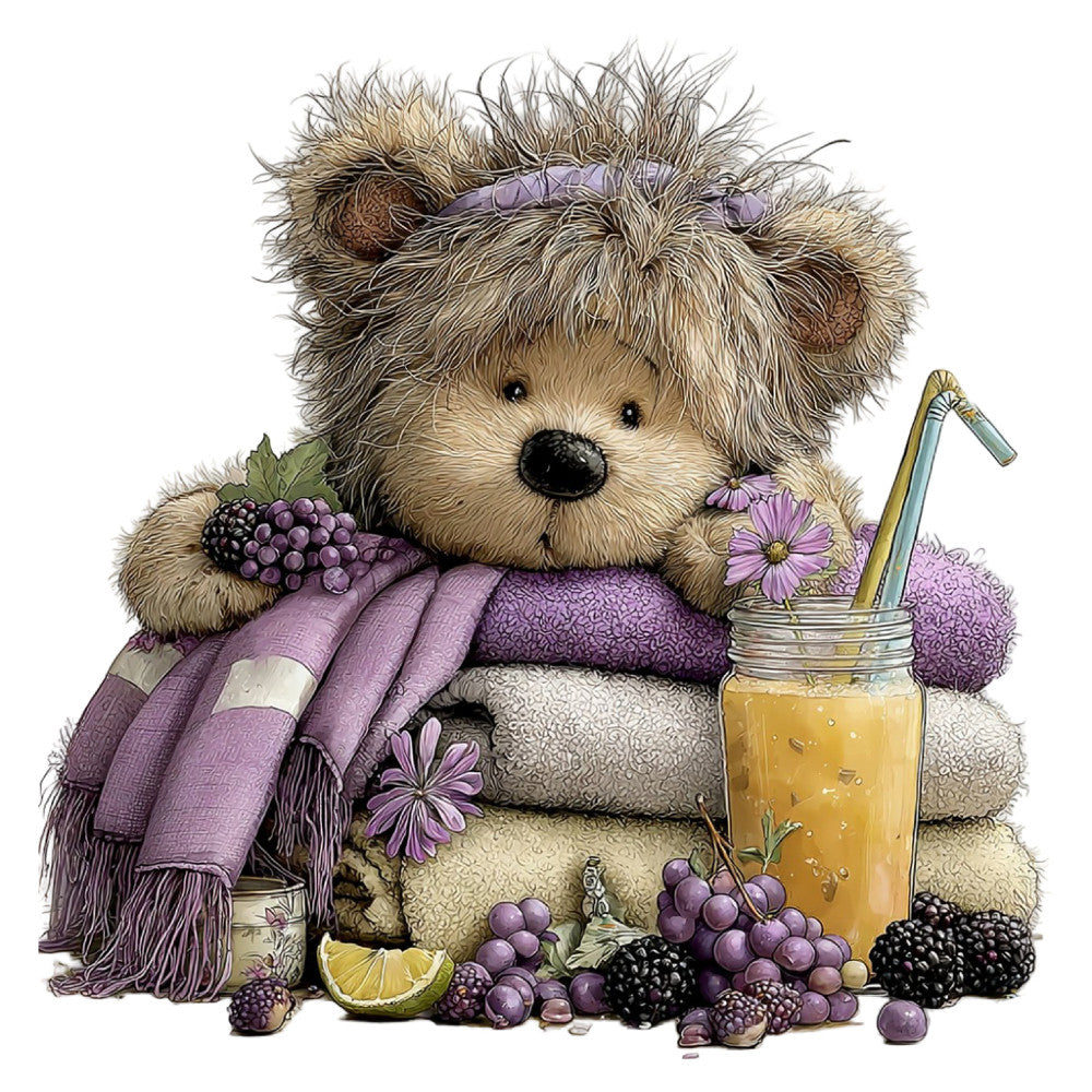 teddy bear, purple, lavender, cream, beige, tan, whimsical, cute, adorable, children's, baby, animals, berries, blackberry, raspberry, grapes, fruit, flowers, daisies, floral, beverage, juice, summer, spring, cozy, soft, gentle, sweet, nursery, storybook illustration
