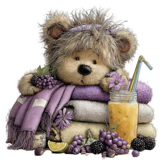 teddy bear, purple, lavender, cream, beige, tan, whimsical, cute, adorable, children's, baby, animals, berries, blackberry, raspberry, grapes, fruit, flowers, daisies, floral, beverage, juice, summer, spring, cozy, soft, gentle, sweet, nursery, storybook illustration