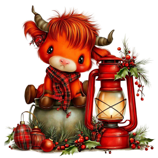 red, orange, cream, burgundy, forest green, plaid, tartan, highland cow, bull, animals, christmas, holiday, festive, lantern, ornaments, baubles, evergreen, berries, rustic, whimsical, cute, charming, country, farmhouse, traditional, vintage, winter, seasonal, decorative, warm tones