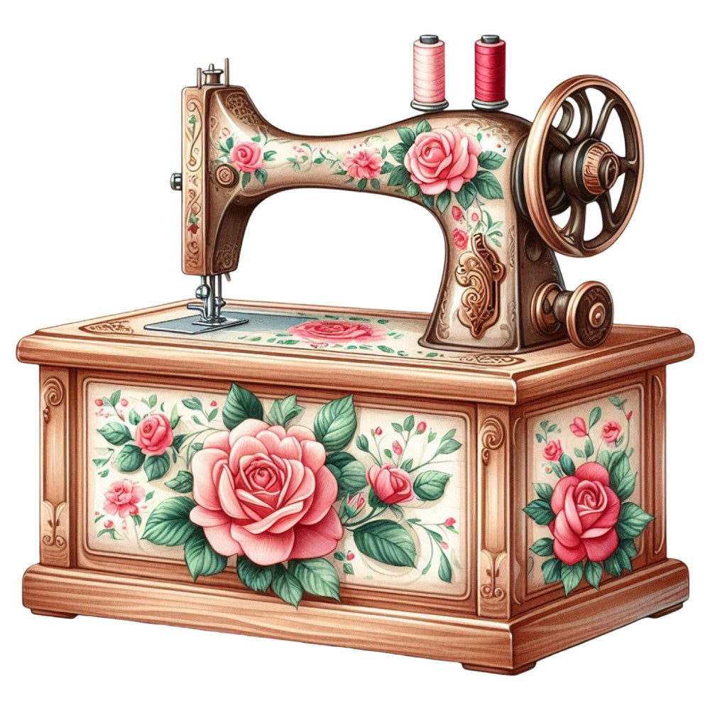 vintage sewing machine, rose, pink, cream, green, floral, botanical, decorative, ornate, retro, nostalgic, thread spools, sewing themed, embroidered look, cottage core, shabby chic, traditional, elegant, timeless, crafting, needlework, decorative arts, Victorian, romantic, feminine, spring, summer, craft room, wall hanging, home decor