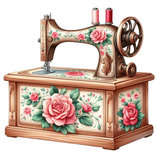 vintage sewing machine, rose, pink, cream, green, floral, botanical, decorative, ornate, retro, nostalgic, thread spools, sewing themed, embroidered look, cottage core, shabby chic, traditional, elegant, timeless, crafting, needlework, decorative arts, Victorian, romantic, feminine, spring, summer, craft room, wall hanging, home decor