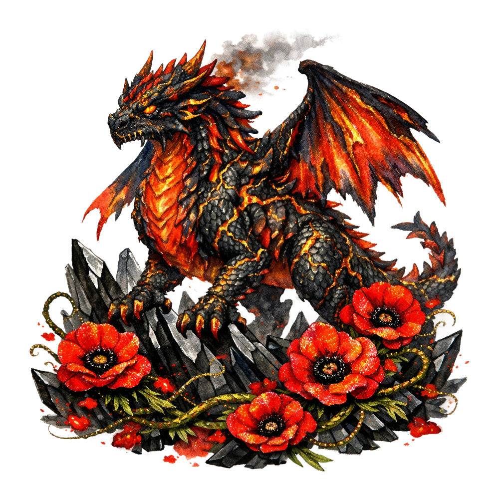fire dragon, dragon, red poppies, poppies, black, deep red, orange, gold, charcoal gray, fantasy, mythical creature, nature, floral, botanical, dark fantasy, whimsical, dramatic, gothic, warrior, adventure, dark moody, red flowers, black spikes, crystals, magical, decorative, statement fabric, wall art, fantasy themed, autumn colors