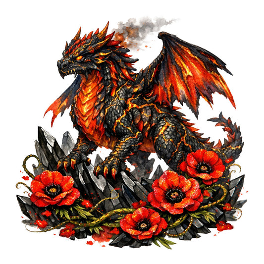 fire dragon, dragon, red poppies, poppies, black, deep red, orange, gold, charcoal gray, fantasy, mythical creature, nature, floral, botanical, dark fantasy, whimsical, dramatic, gothic, warrior, adventure, dark moody, red flowers, black spikes, crystals, magical, decorative, statement fabric, wall art, fantasy themed, autumn colors