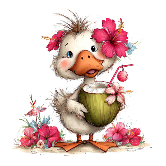 whimsical duck, tropical flowers, hibiscus, coral pink, orange beak, cream white, sage green, coconut drink, cheerful animals, farmhouse style, summer, spring, children's fabric, baby quilt, cute birds, watercolor style, floral design, nature theme, playful character, hot pink flowers, pastoral scene, garden flowers, quirky animals, coastal theme, festive, character panel, decorative birds, vibrant colors, illustrated animals, humorous design