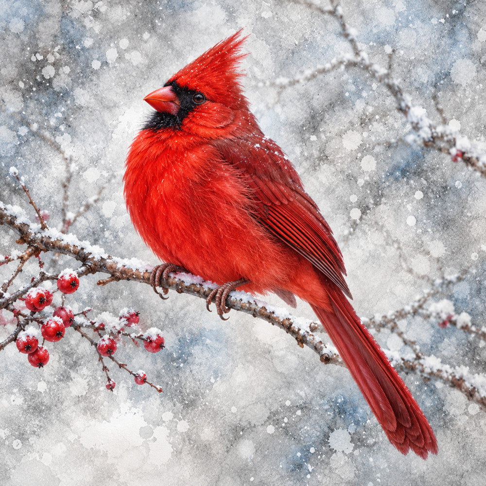 cardinal red, bright red, crimson, snow white, winter white, gray, blue-gray, red berries, winter berries, snow-covered branch, cardinal bird, wildlife, nature, winter, christmas, holiday, snow, snowy, festive, elegant, traditional, peaceful, serene, bird motif, seasonal, winter wonderland, frost, magical