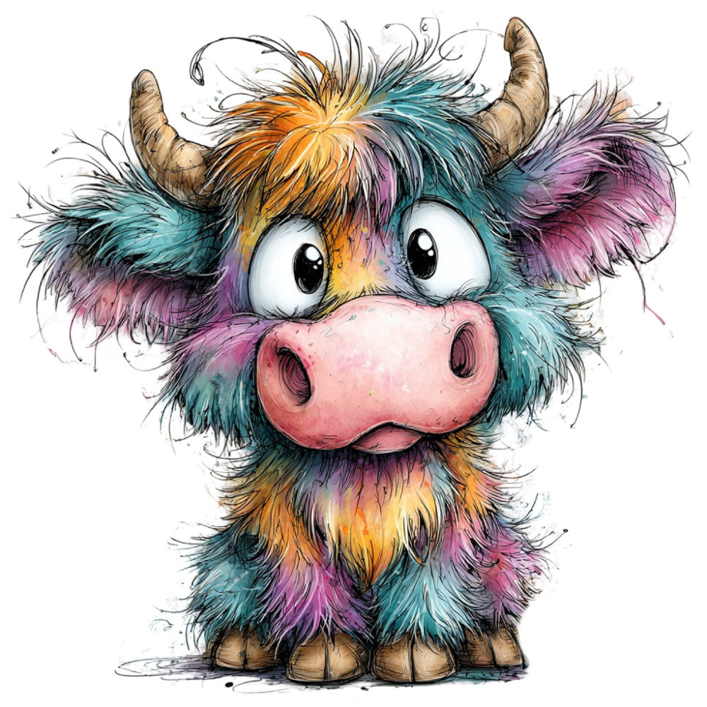 colorful, multi-color, rainbow, turquoise, teal, purple, pink, orange, yellow, gold, whimsical, playful, cute, animal, highland cattle, cow, bull, character, face, children's, kids, cartoon, illustrative, modern, contemporary, humorous, fun, fabric panel, textile art, bedding