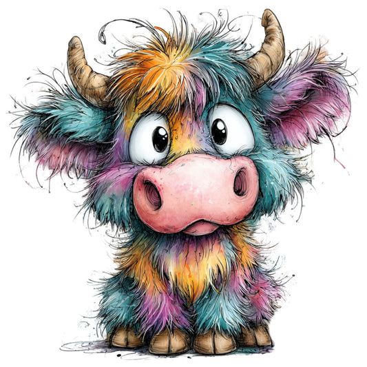 colorful, multi-color, rainbow, turquoise, teal, purple, pink, orange, yellow, gold, whimsical, playful, cute, animal, highland cattle, cow, bull, character, face, children's, kids, cartoon, illustrative, modern, contemporary, humorous, fun, fabric panel, textile art, bedding