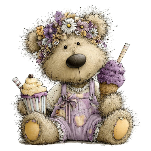 teddy bear, cute animals, floral crown, purple flowers, cream colored, lavender, soft pastels, whimsical, children's, baby themed, ice cream cone, cupcake, sweet treats, dessert, adorable, nursery, storybook illustration, vintage style, playful, spring flowers, daisy, charming, gentle, girl's room, decorative panel, woodland, soft watercolor, yellow accents, rustic whimsy