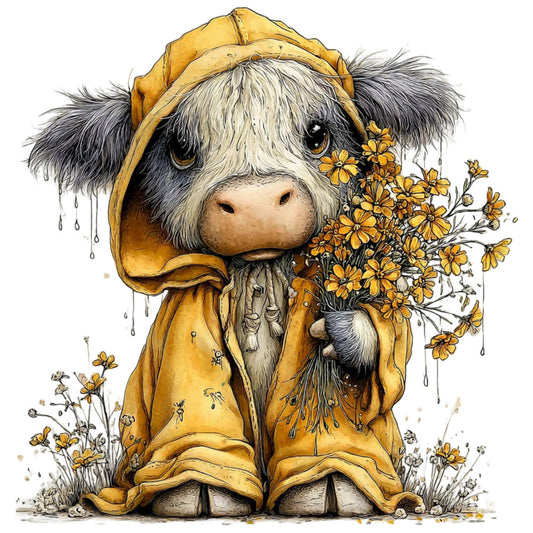 golden yellow, cream white, charcoal gray, daisy flowers, whimsical, animals, cow, bovine, nature, rustic, farmhouse, adorable, cute, daisies, floral, spring, summer, rain drops, sweet, children's, nursery, pastoral, gentle, countryside, folk art style, illustrated, storybook, bunny, woodland creatures, nurturing theme