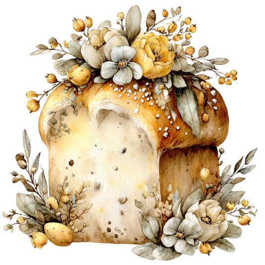 cream, golden yellow, warm brown, tan, beige, ivory, soft white, floral, botanical, nature, vintage, whimsical, elegant, rustic, farmhouse, autumn, fall harvest, bread loaf, baked goods, flowers, berries, seed pods, leaves, delicate blooms, cream flowers, yellow blossoms, decorative panel, art print, country style, nostalgic