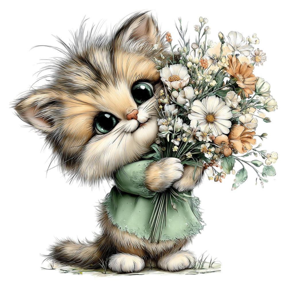 fluffy kitten, cat with flowers, sage green, cream white, soft brown, tan, botanical print, floral arrangement, daisy flowers, delicate florals, whimsical animals, cute cat, children's design, baby animals, spring theme, nature inspired, gentle style, sweet illustration, pastel colors, garden flowers, decorative bouquet, nursery design, storybook style, illustrated animals, soft colors, charming print, woodland creatures, floral bouquet, vintage illustration, sweet animals