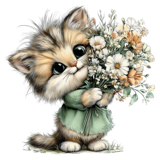 fluffy kitten, cat with flowers, sage green, cream white, soft brown, tan, botanical print, floral arrangement, daisy flowers, delicate florals, whimsical animals, cute cat, children's design, baby animals, spring theme, nature inspired, gentle style, sweet illustration, pastel colors, garden flowers, decorative bouquet, nursery design, storybook style, illustrated animals, soft colors, charming print, woodland creatures, floral bouquet, vintage illustration, sweet animals