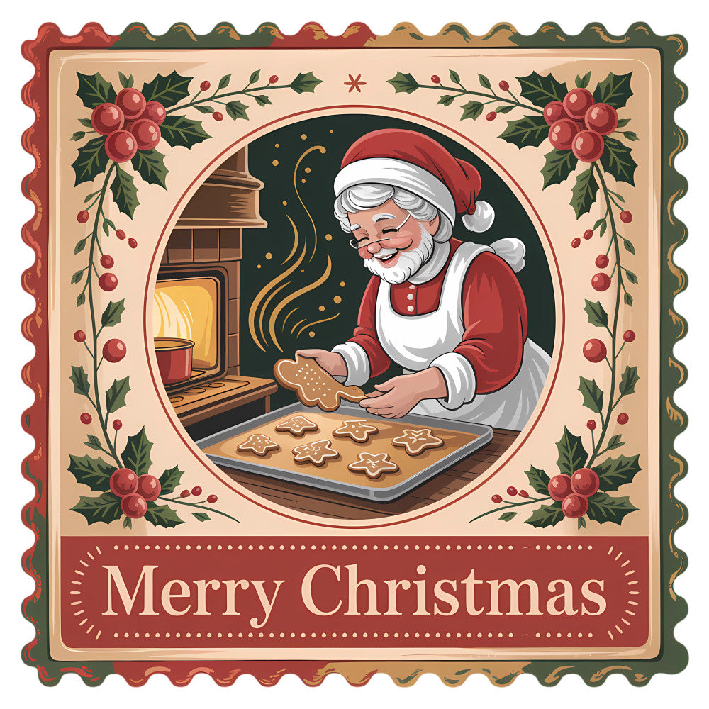 Vintage Christmas Stamps Fabric Panel 26 featuring a festive Santa baking cookies by the fireplace with holly frame design.