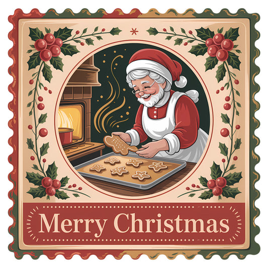 Vintage Christmas Stamps Fabric Panel 26 featuring a festive Santa baking cookies by the fireplace with holly frame design.