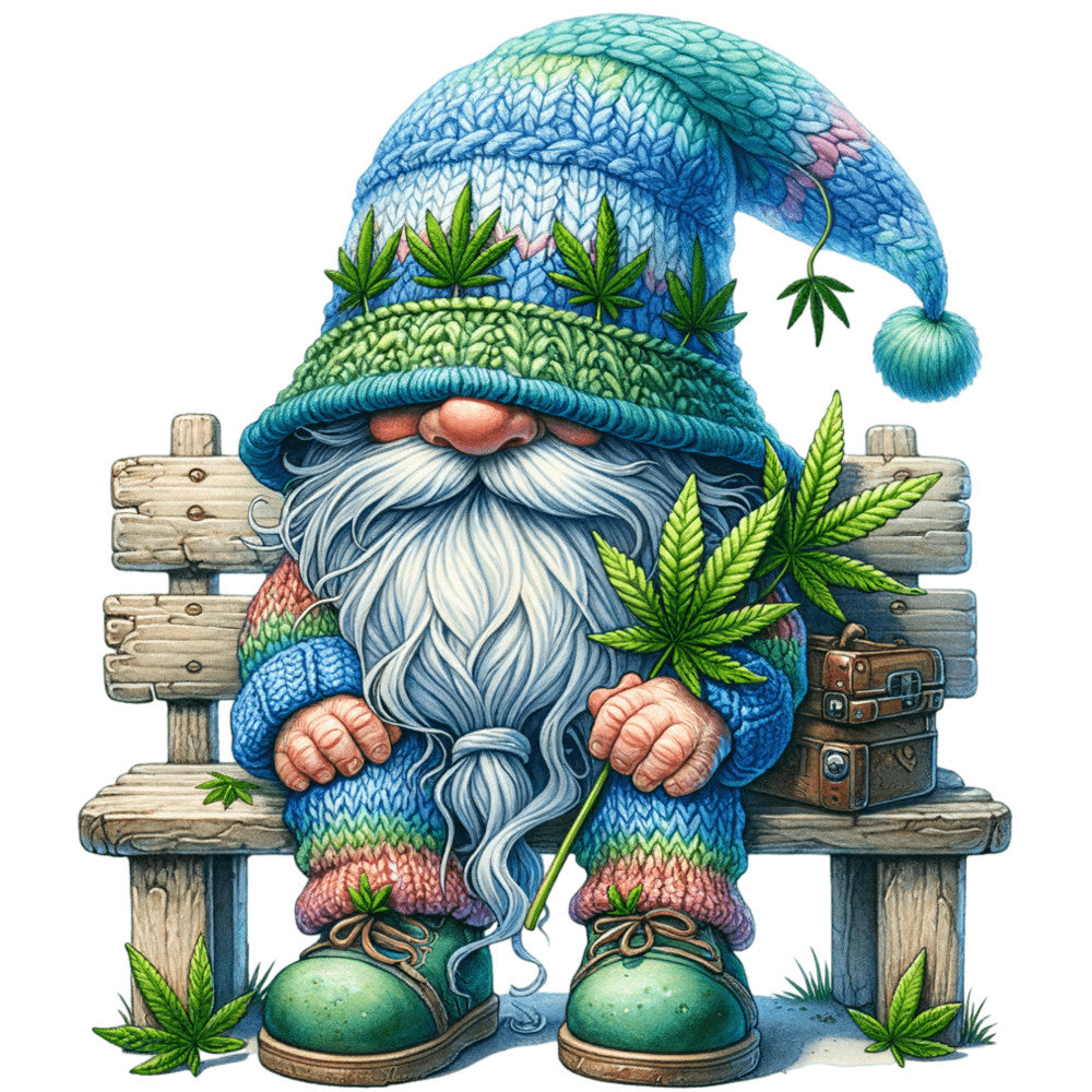turquoise, teal, blue, green, pink, garden gnome, cannabis leaves, marijuana motifs, wooden bench, knitted hat, white beard, whimsical character, fantasy illustration, detailed artwork, fabric panel, quilting cotton, botanical elements, colorful design, mythical creature, smoking pipe